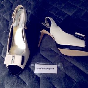 Cream and black slingback open toe shoes